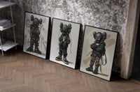 KAWS Nike Street Wall Art Set of 3 as black-framed prints leaning against a raw-plaster wall