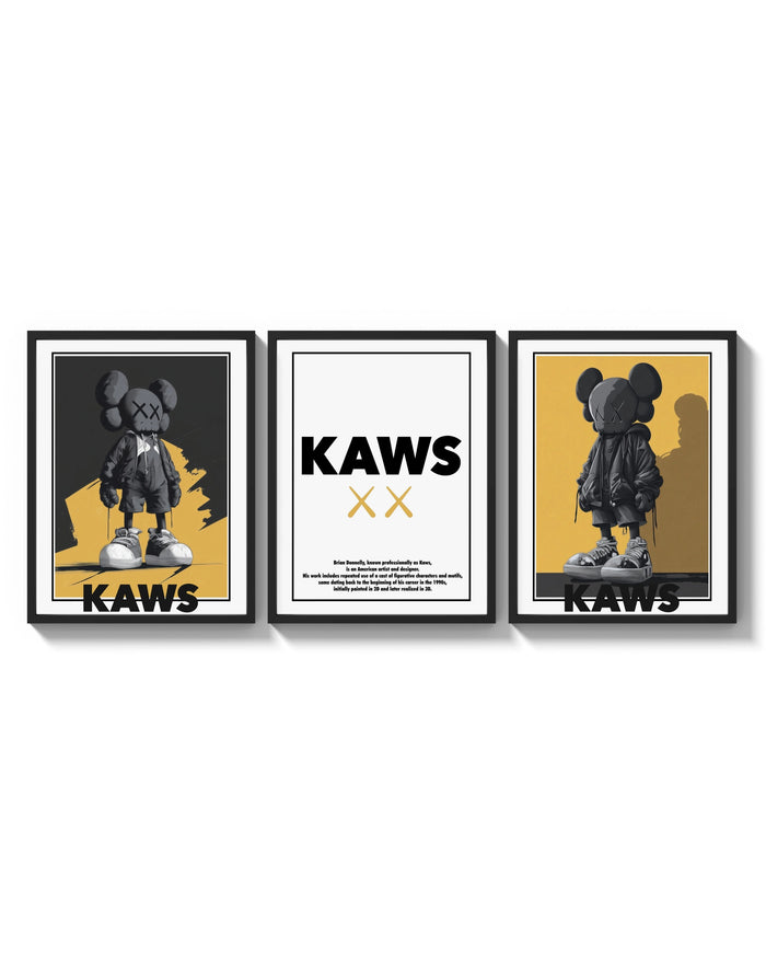 KAWS Monogram Impact Hypebeast Wall Art Set of 3 arranged on a bright gallery wall