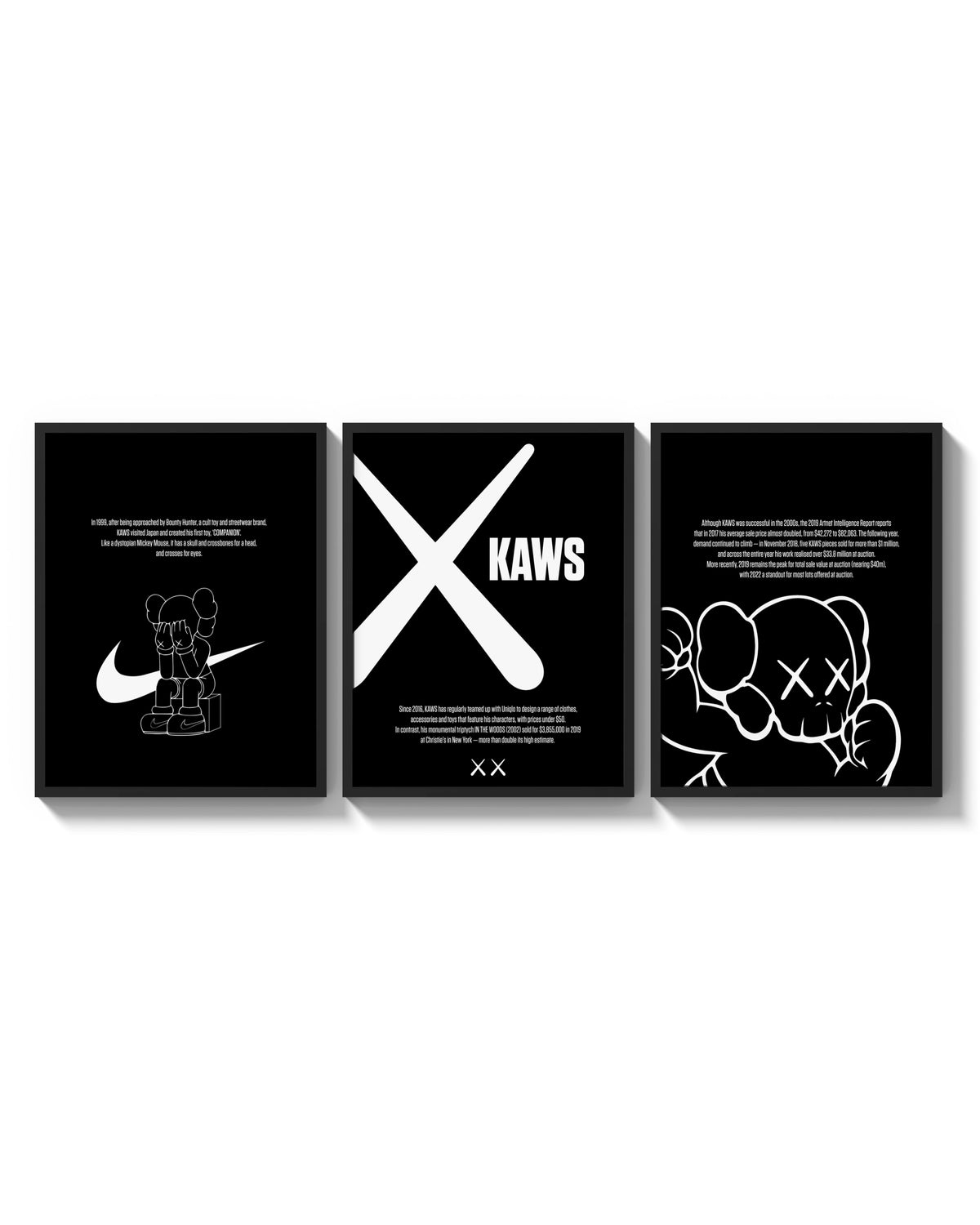 KAWS Monochrome Wall Art Set triptych arranged on a bright gallery wall