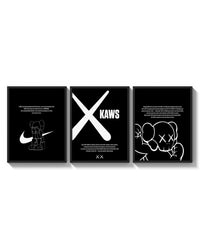 KAWS Monochrome Wall Art Set triptych arranged on a bright gallery wall