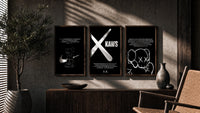 KAWS Monochrome Wall Art Set triptych in three walnut frames above a sideboard in a warm room