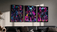 KAWS Neon Battle Figures Set of 3 in black frames on a grey wall above a leather sofa