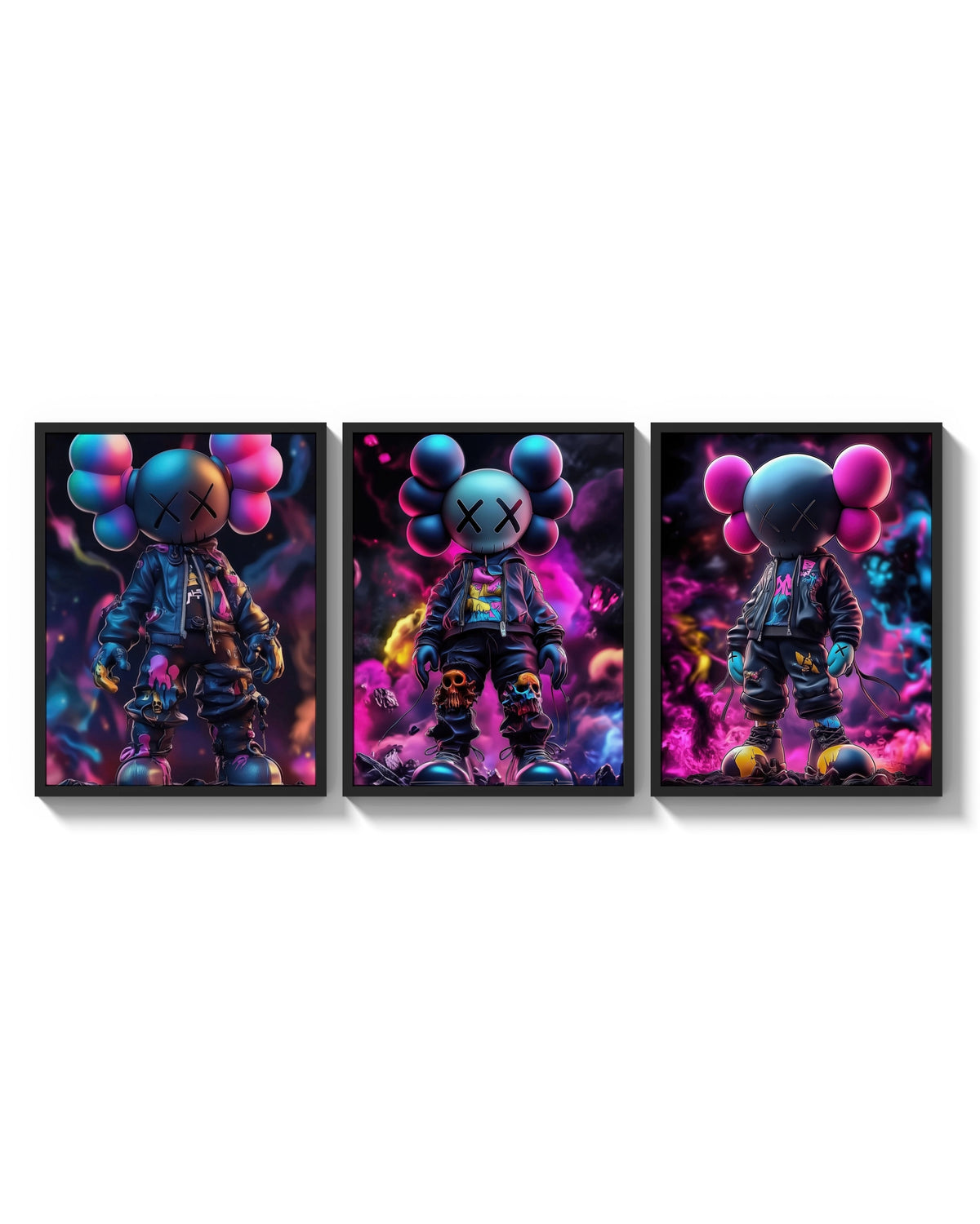 KAWS Neon Battle Figures Set of 3 arranged on a bright gallery wall
