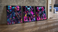 KAWS Neon Battle Figures Set of 3 leaning on parquet beside a vintage loft door