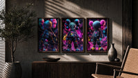 KAWS Neon Battle Figures Set of 3 in walnut frames above a sideboard in a warm room