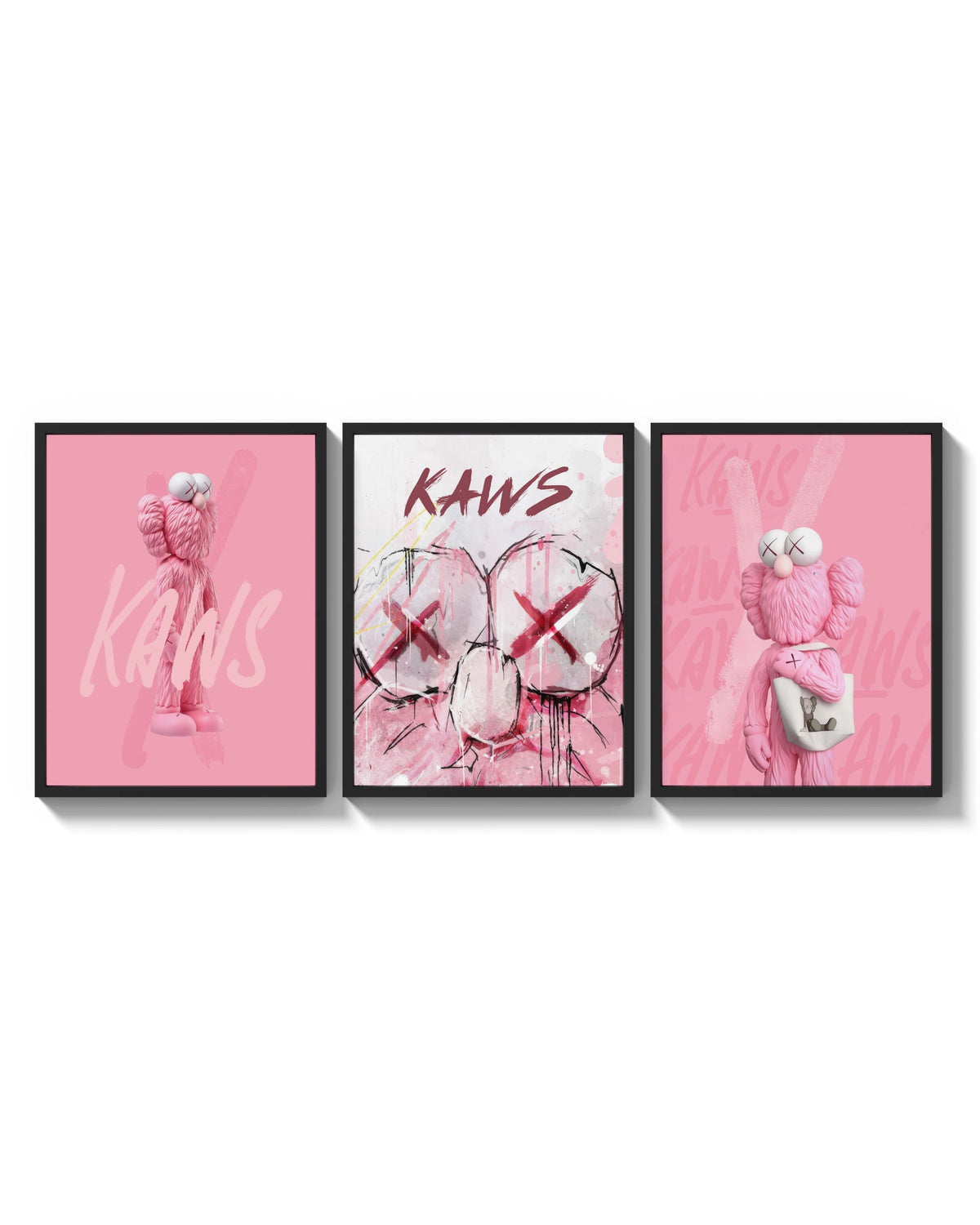 Bubblegum Pink KAWS XX Hypebeast Wall Art Set of 3 arranged on a bright gallery wall