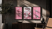 Bubblegum Pink KAWS XX Hypebeast Wall Art Set of 3 in walnut frames above a sideboard in a warm room