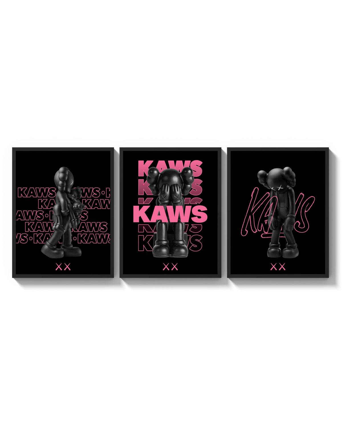 Neon Pink Noir KAWS Hypebeast XX Wall Art Set of 3 arranged on a bright gallery wall