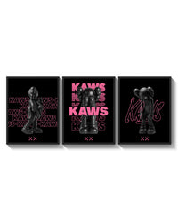 Neon Pink Noir KAWS Hypebeast XX Wall Art Set of 3 arranged on a bright gallery wall