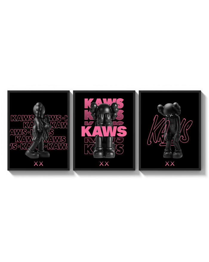 Neon Pink Noir KAWS Hypebeast XX Wall Art Set of 3 arranged on a bright gallery wall
