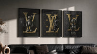 KAWS LV Feat. XX Hypebeast Wall Art Set of 3 in black frames on a grey wall above a leather sofa