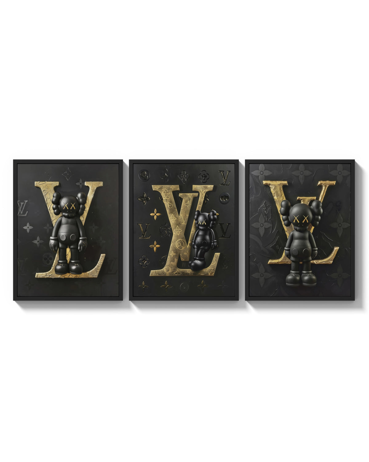 KAWS LV Feat. XX Hypebeast Wall Art Set of 3 arranged on a bright gallery wall