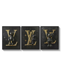 KAWS LV Feat. XX Hypebeast Wall Art Set of 3 arranged on a bright gallery wall