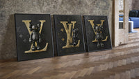 KAWS LV Feat. XX Hypebeast Wall Art Set of 3 leaning on parquet beside a vintage loft door