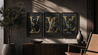 KAWS LV Feat. XX Hypebeast Wall Art Set of 3 in walnut frames above a sideboard in a warm room