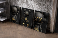 KAWS Black Label XX Hypebeast Wall Art Set of 3 as black-framed prints leaning against a raw-plaster wall