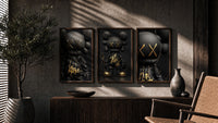KAWS Black Label XX Hypebeast Wall Art Set of 3 in walnut frames above a sideboard in a warm room