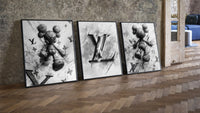 KAWS LV Monochrome Splash XX Wall Art Set of 3 leaning on parquet beside a vintage loft door
