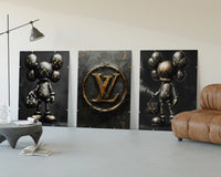 KAWS LV Gold Vault Poster Set of 3 displayed beside a brown leather sofa