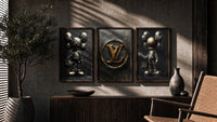 KAWS LV Gold Vault Poster Set of 3 in walnut frames above a sideboard in a warm room