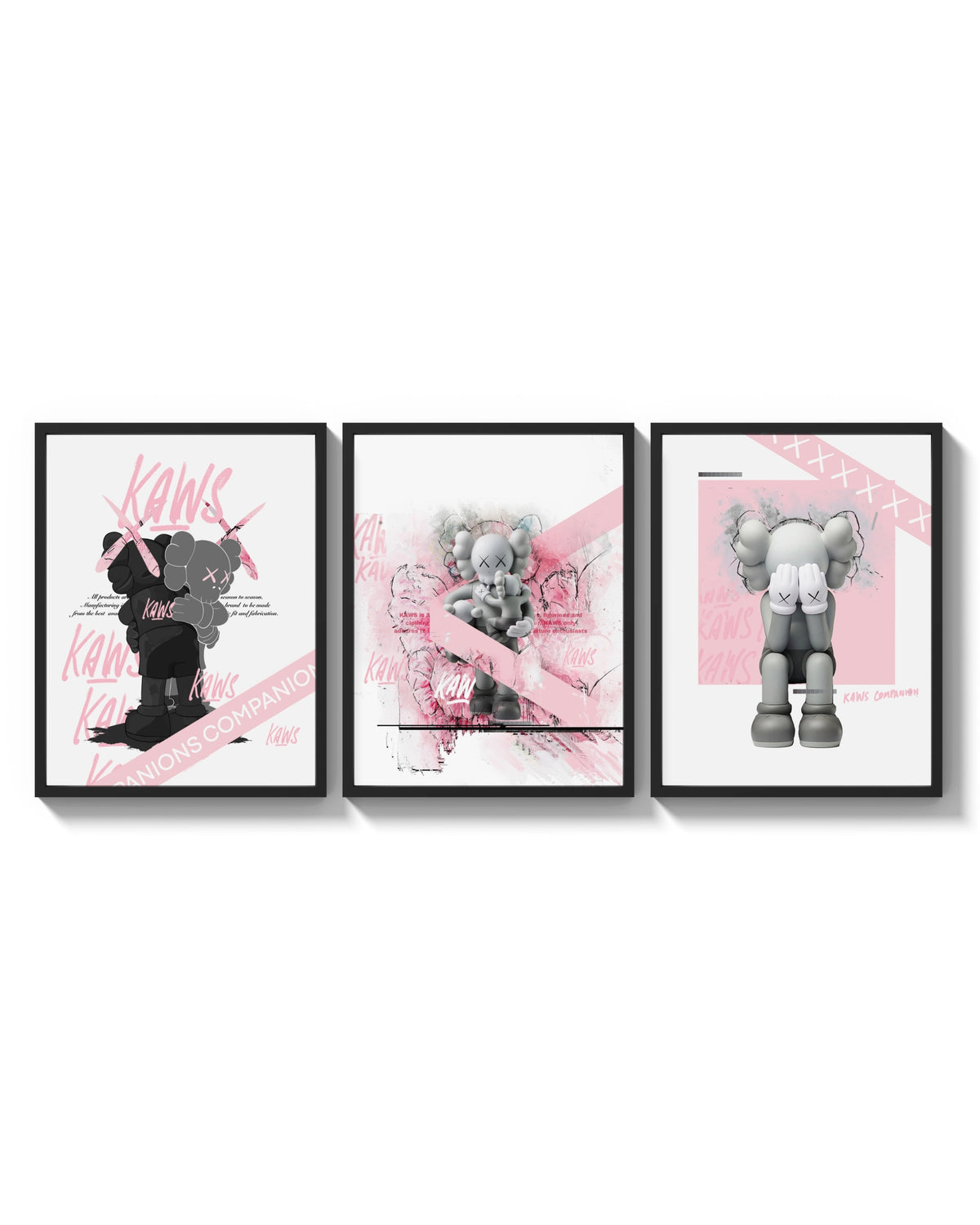 Pink KAWS Companion Triptych arranged on a bright gallery wall