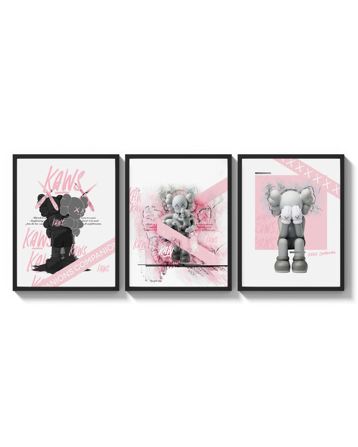 Pink KAWS Companion Triptych arranged on a bright gallery wall