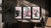 Pink KAWS Companion Triptych in walnut frames above a sideboard in a warm room