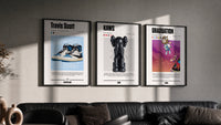 Hypebeast Legends Poster Set triptych in three black frames on a grey wall above a leather sofa