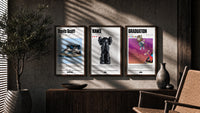 Hypebeast Legends Poster Set triptych in three walnut frames above a sideboard in a warm room