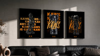 KAWS Signature Orange Edition triptych in three black frames on a grey wall above a leather sofa