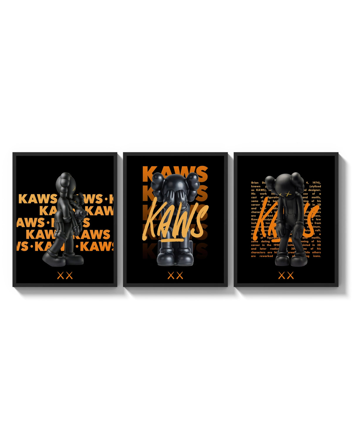 KAWS Signature Orange Edition triptych arranged on a bright gallery wall