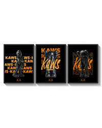 KAWS Signature Orange Edition triptych arranged on a bright gallery wall