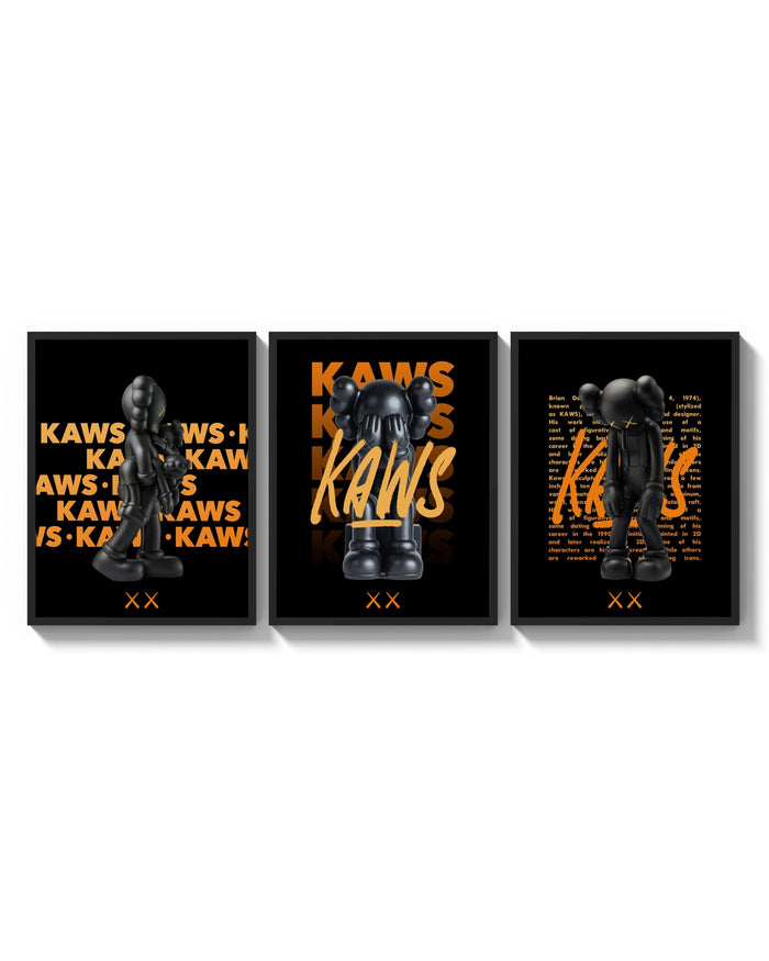 KAWS Signature Orange Edition triptych arranged on a bright gallery wall