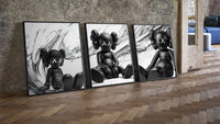 KAWS Est. 1999 Companion three-piece set leaning on parquet beside a vintage loft door