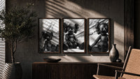 KAWS Est. 1999 Companion triptych in three walnut frames above a sideboard in a warm room