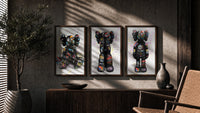 KAWS Companion Graffiti Triptych in walnut frames above a sideboard in a warm room