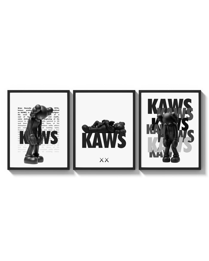 KAWS Legacy Archive triptych arranged on a bright gallery wall