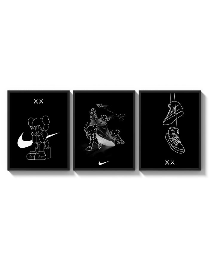 KAWS Companion x Nike Swoosh Sketch Triptych arranged on a bright gallery wall