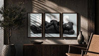 KAWS Reclining Companion Triptych in walnut frames above a sideboard in a warm room