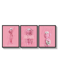 Pink Cotton Candy KAWS Friends Trio arranged on a bright gallery wall
