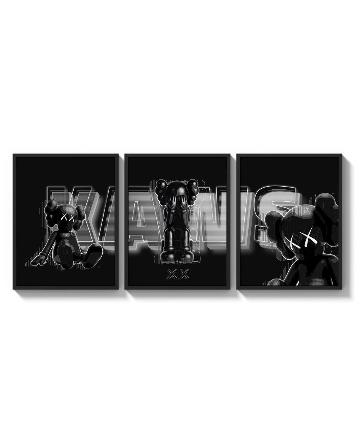 KAWS Neon Companions Triptych arranged on a bright gallery wall
