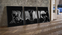 KAWS Neon Companions Triptych leaning on parquet beside a vintage loft door