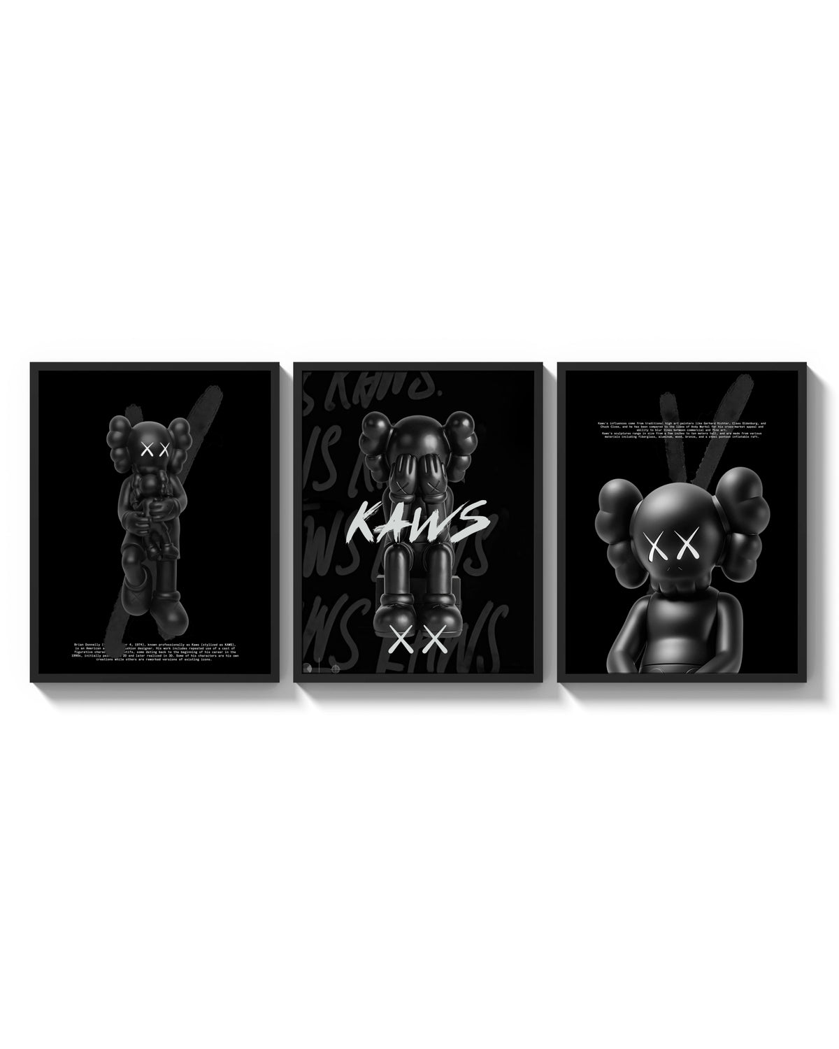KAWS Companion Black Poster Set triptych arranged on a bright gallery wall
