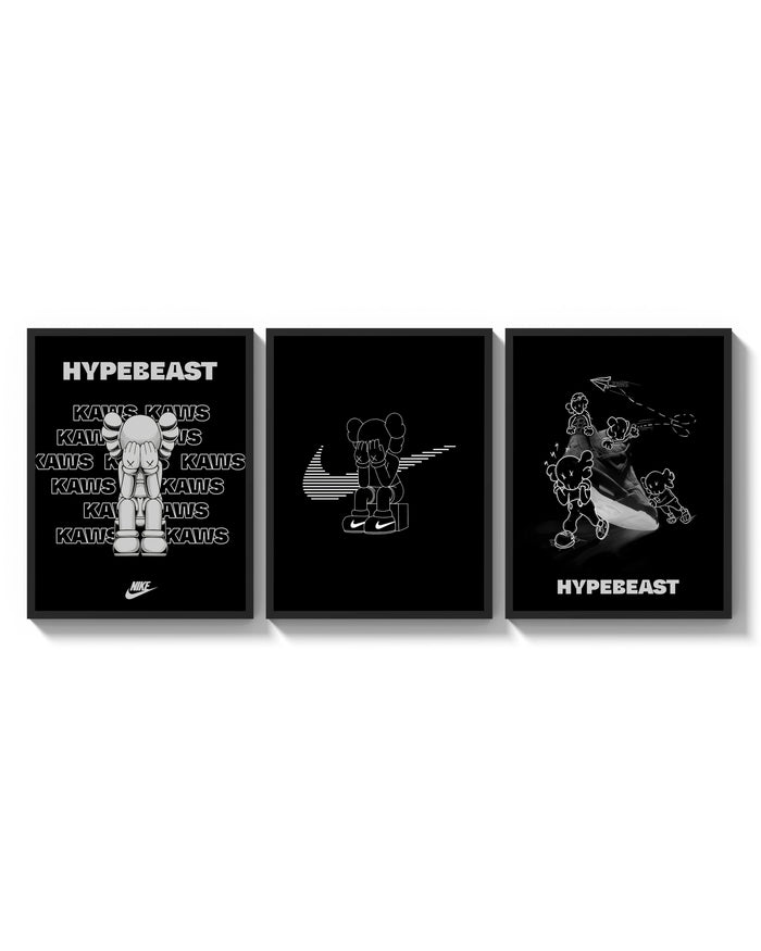 KAWS Hypebeast Poster Set triptych arranged on a bright gallery wall