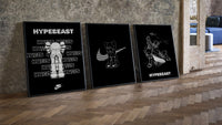 KAWS Hypebeast Poster Set three-piece set leaning on parquet beside a vintage loft door