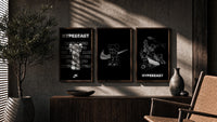 KAWS Hypebeast Poster Set triptych in three walnut frames above a sideboard in a warm room