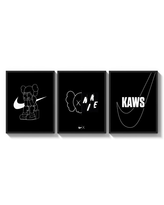 KAWS Nike Poster Set triptych arranged on a bright gallery wall
