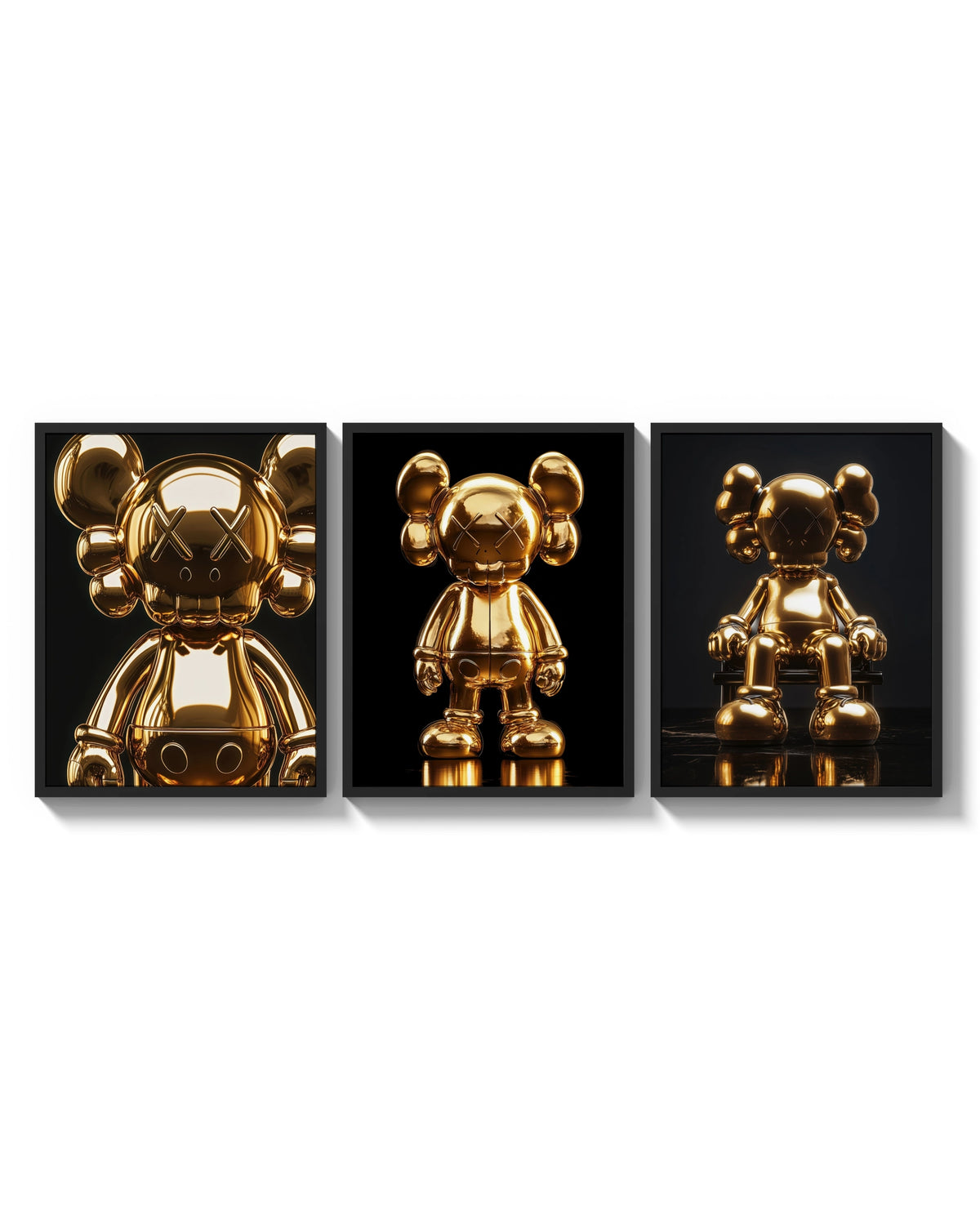 KAWS 24K Gold Figure Art Print Set of 3 arranged on a bright gallery wall