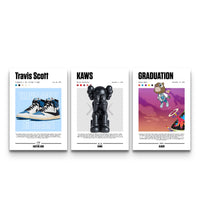 Three hypebeast prints lined up showing Travis Scott Jordan, KAWS Companion, and Kanye Graduation bear side by side
