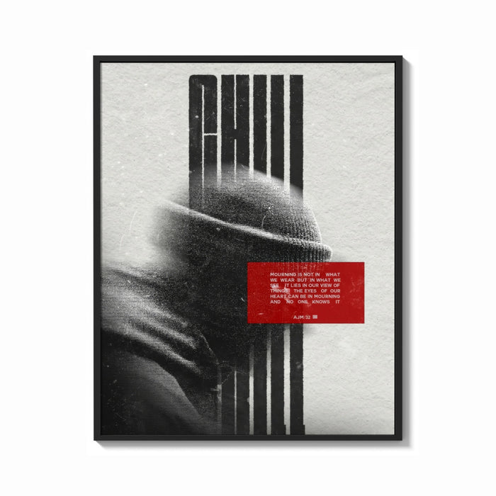 Framed figure in helmet obscured by stripes print shown as a bold statement piece on a clean gallery wall